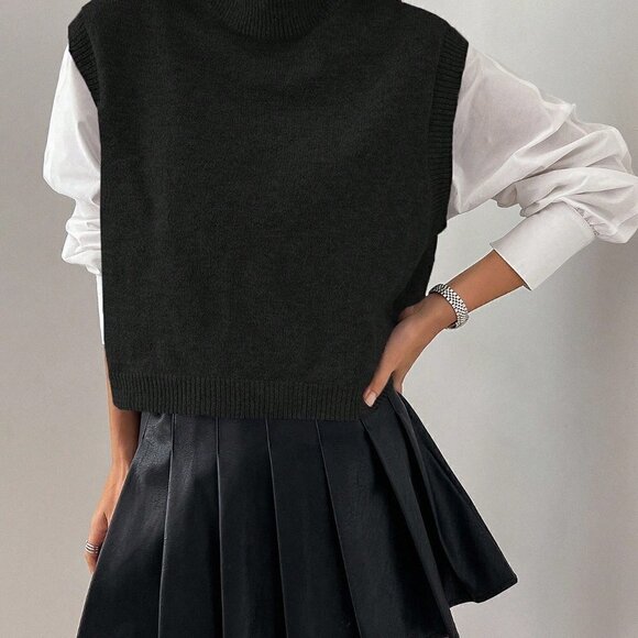 Black Casual Womens Turtleneck Split Hem Sweater Vest - Picture 4 of 5